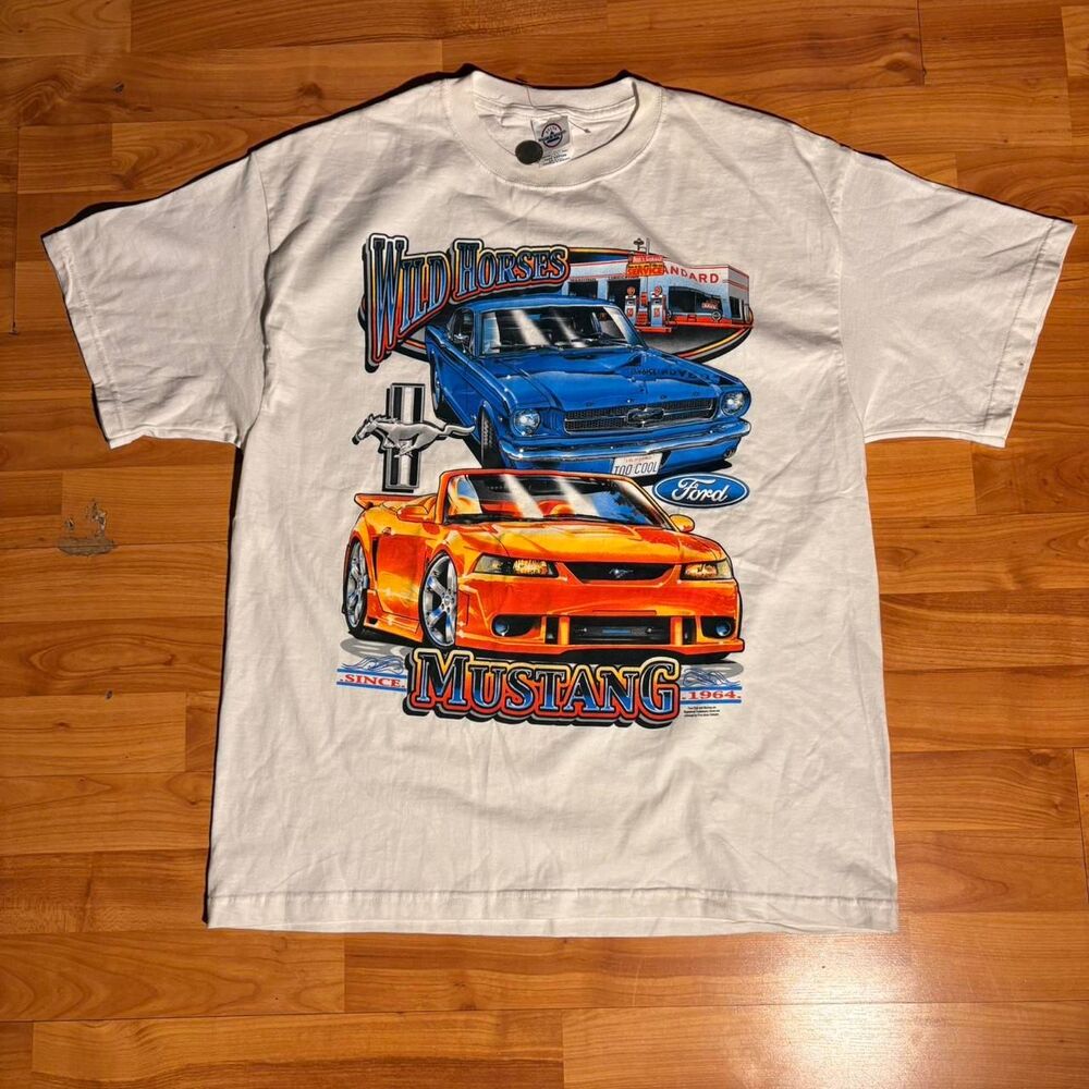 Vintage 90s Ford Mustang White T Shirt Racing Car Graphic Tee Size L Streetwear